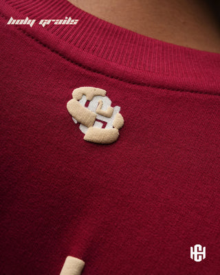 Men in 'The Milf' Maroon 240 GSM Terry Cotton Puff Printed Graphic Oversized T-Shirt HG x Charactr - Back Neck Close Up