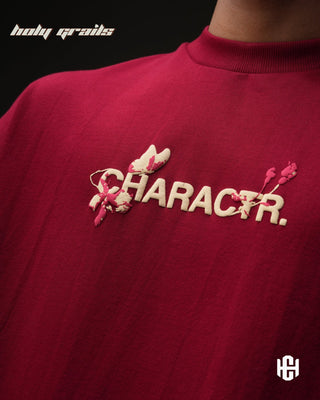 Men in 'The Milf' Maroon 240 GSM Terry Cotton Puff Printed Graphic Oversized T-Shirt HG x Charactr - Front Close Up