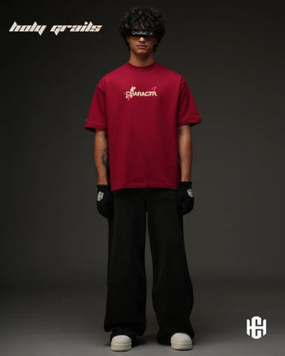 Men in 'The Milf' Maroon 240 GSM Terry Cotton Puff Printed Graphic Oversized T-Shirt HG x Charactr - Front Full