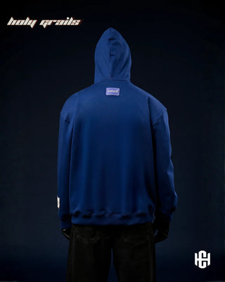 Men in 'The Rule of Destiny' Cyanite Blue 400 GSM Cotton Fleece with Raw Patches Oversize Hoodie HG x Charactr - Back