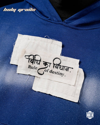 Men in 'The Rule of Destiny' Cyanite Blue 400 GSM Cotton Fleece with Raw Patches Oversize Hoodie HG x Charactr - Front Patchwork Close Up