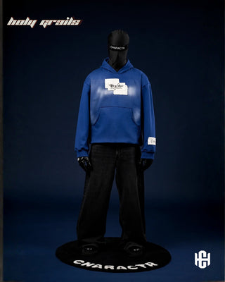 Men in 'The Rule of Destiny' Cyanite Blue 400 GSM Cotton Fleece with Raw Patches Oversize Hoodie HG x Charactr - Front Full