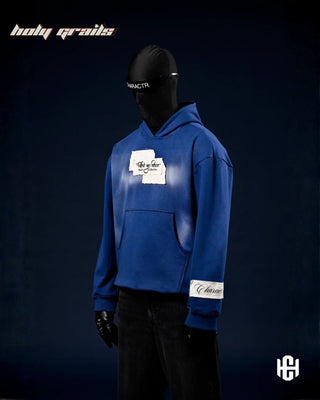 Men in 'The Rule of Destiny' Cyanite Blue 400 GSM Cotton Fleece with Raw Patches Oversize Hoodie HG x Charactr - Front Side
