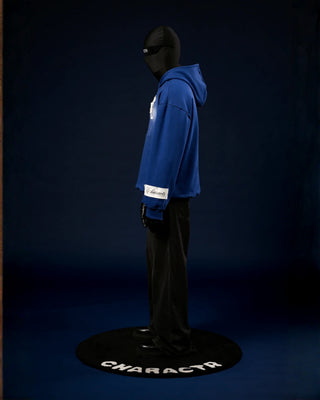 Men in 'The Rule of Destiny' Cyanite Blue 400 GSM Cotton Fleece with Raw Patches Oversize Hoodie HG x Charactr - Side Full