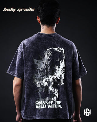 Men in 'The Weed' Grey 240 GSM 100% French Terry Cotton Digital Printed Graphic Oversize T-Shirt HG x Charactr - Back