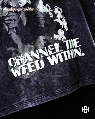 Men in 'The Weed' Grey 240 GSM 100% French Terry Cotton Digital Printed Graphic Oversize T-Shirt HG x Charactr - Back Close Up 2