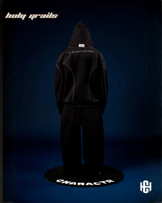 Men in 'The Worth' Black & Grey 400 GSM Cotton Fleece Screen Printed Oversized Zipper Jacket HG x Charactr - Back Full