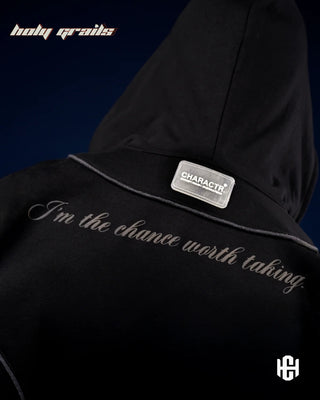 Men in 'The Worth' Black & Grey 400 GSM Cotton Fleece Screen Printed Oversized Zipper Jacket HG x Charactr - Back Print Close Up