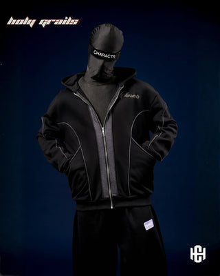 Men in 'The Worth' Black & Grey 400 GSM Cotton Fleece Screen Printed Oversized Zipper Jacket HG x Charactr - Front