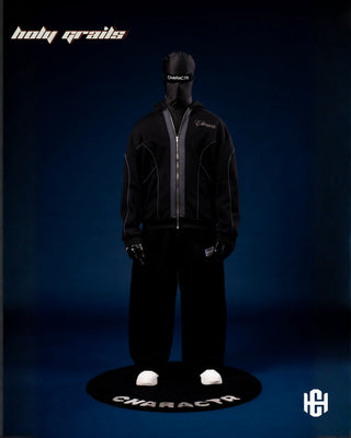Men in 'The Worth' Black & Grey 400 GSM Cotton Fleece Screen Printed Oversized Zipper Jacket HG x Charactr - Front Full