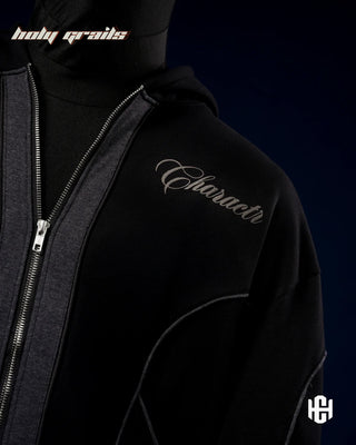 Men in 'The Worth' Black & Grey 400 GSM Cotton Fleece Screen Printed Oversized Zipper Jacket HG x Charactr - Front Print Close Up