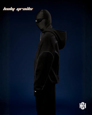 Men in 'The Worth' Black & Grey 400 GSM Cotton Fleece Screen Printed Oversized Zipper Jacket HG x Charactr - Side