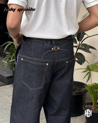 Men in 'Vertex Raw' Black Raw 12 Oz Premium Denim Baggy Jeans HG x Charactr - Back Close