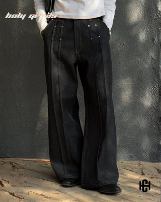 Men in 'Vertex Raw' Black Raw 12 Oz Premium Denim Baggy Jeans HG x Charactr - Front 2