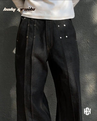 Men in 'Vertex Raw' Black Raw 12 Oz Premium Denim Baggy Jeans HG x Charactr - Front Close