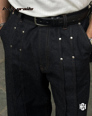 Men in 'Vertex Raw' Black Raw 12 Oz Premium Denim Baggy Jeans HG x Charactr - Front Close Up