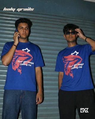 Mens in Streetwear Style 'Your Girl Keeps Calling' Blue Cotton Graphic Oversize Tee HG x Pvt Ltd - Front
