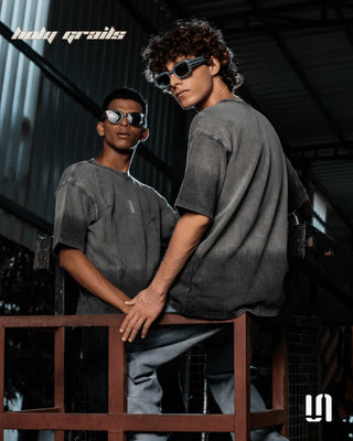 Mens in Streetwear 'Grey Threadbare' 330 GSM Heavyweight Cotton Jersey Puff Printed Oversize Tee HG x Sullitt - Front & Back