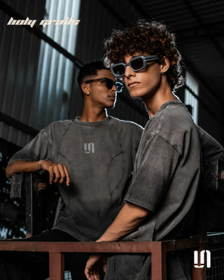 Mens in Streetwear 'Grey Threadbare' 330 GSM Heavyweight Cotton Jersey Puff Printed Oversize Tee HG x Sullitt - Front & Back Close