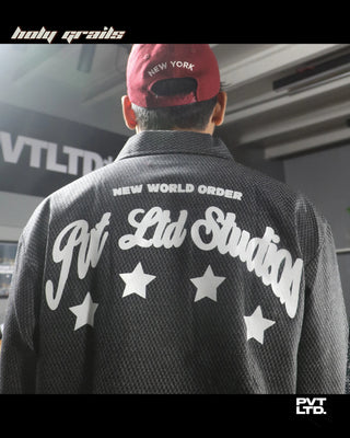 Men wearing a Street Style 'Exter' Black Full Sleeve Boxy Fit Cropped Overshirt HG x Pvt Ltd - Back Close Up