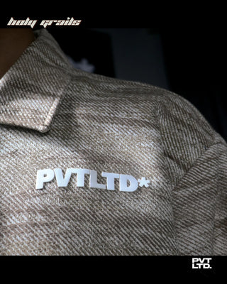 Men wearing a street style 'Sahara+' Beige Cotton Full Sleeve Boxy Fit Cropped Overshirt HG x Pvt Ltd - Front Print Close Up