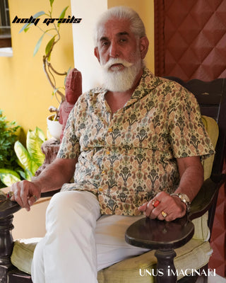 Old Man Sitting on a chair in Streetwear Style 'Rajasi' Yellow Chikankari Fabric Half-Sleeve Oversize Shirt HG x Unus Imaginari - Front