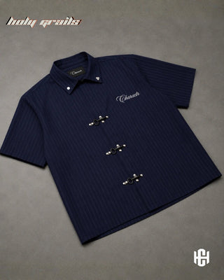 'Pinstriped Clasp' Dark Blue Premium Pinstripe Fabric Half Sleeve Shirt HG x Charactr - Front