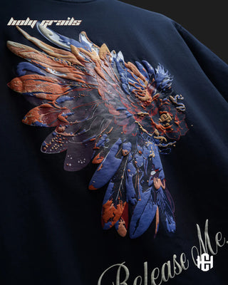 'Release Me' Navy Blue 240 GSM Terry Cotton Puff Print Graphic Oversize T-Shirt HG x Charactr - Back Close Up