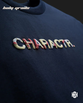 'Release Me' Navy Blue 240 GSM Terry Cotton Puff Print Graphic Oversize T-Shirt HG x Charactr - Front Close Up