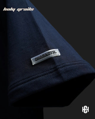 'Release Me' Navy Blue 240 GSM Terry Cotton Puff Print Graphic Oversize T-Shirt HG x Charactr - Sleeve Close Up