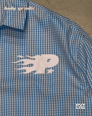 'Rush Hour' Blue Lightweight Cotton Printed Full Sleeve Shirt HG x Pvt Ltd - Front Print Close Up