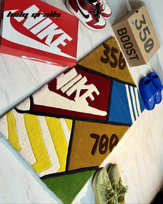 Sneaker Stack Tufted Rug with Sneakers & Boxes on Floor - Close Up