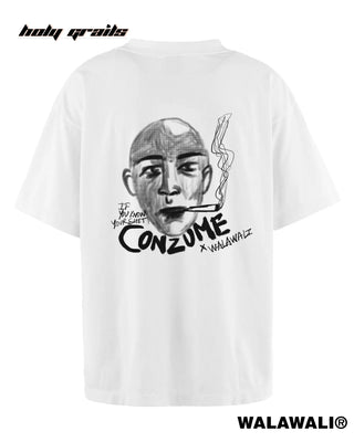 Street Style Buy 'Conzume SMOKE' White Short Sleeve Unisex 260 GSM 100% Cotton Screen Printed Graphic Oversize T-Shirt - Back
