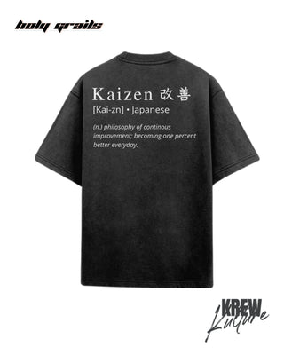 Street Style Kaizen 'Never Settle' Acidwashed Black 220 GSM French Terry Cotton Oversize T-Shirt HG x Krewe Kulturr - Back