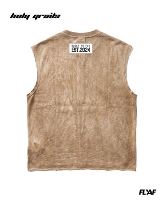 Street Style 'AF FLY Distressed' Beige 240 GSM 100% Cotton Washed & Screen Printed Sleeveless Vest HG x FLYAF - Back