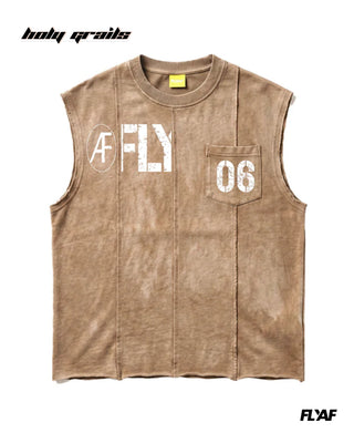 Street Style 'AF FLY Distressed' Beige 240 GSM 100% Cotton Washed & Screen Printed Sleeveless Vest HG x FLYAF - Front