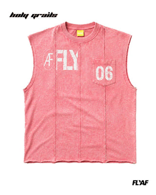 Street Style 'AF FLY Distressed' Peach Pink 240 GSM 100% Cotton Washed & Screen Print Sleeveless Vest HG x FLYAF - Front