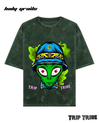 Street Style 'Alien High' Bottle Green 240 GSM 100% Cotton Acid Wash Oversize T-Shirt HG x Trip Tribe - Front