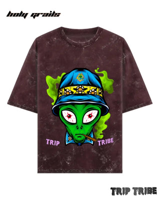 Street Style 'Alien High' Maroon 240 GSM 100% Cotton Acid Wash Oversize T-Shirt HG x Trip Tribe - Front