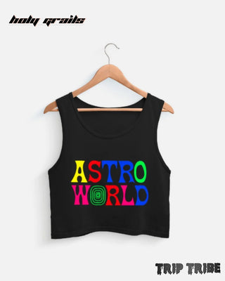 Street Style 'Astro World' Black 180 GSM 100% Premium Cotton Sleeveless Crop Tank Top HG x Trip Tribe - Front