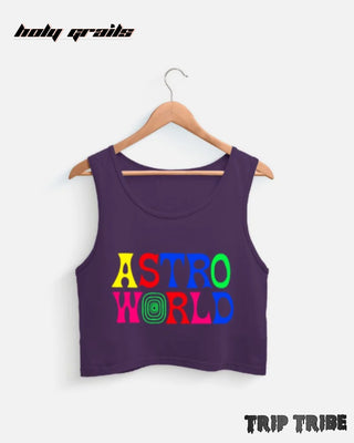 Street Style 'Astro World' Purple 180 GSM 100% Premium Cotton Sleeveless Crop Tank Top HG x Trip Tribe - Front