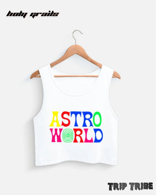 Street Style 'Astro World' White 180 GSM 100% Premium Cotton Sleeveless Crop Tank Top HG x Trip Tribe - Front