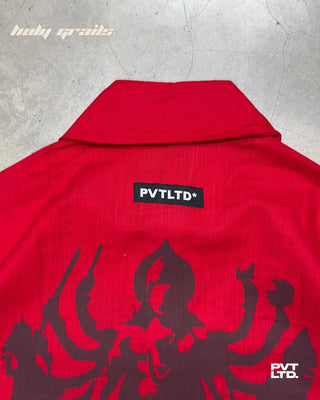 Street Style 'Asur & Devta' Red Unisex Linen Blend Relaxed Fit Printed Shirt HG x Pvt Ltd - Back Tag Close Up