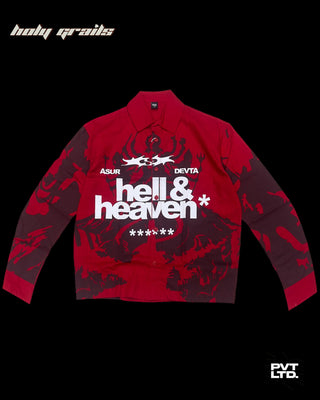 Street Style 'Asur & Devta' Red Unisex Linen Blend Relaxed Fit Printed Shirt HG x Pvt Ltd - Front