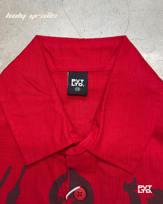 Street Style 'Asur & Devta' Red Unisex Linen Blend Relaxed Fit Printed Shirt HG x Pvt Ltd - Front Collar Tag Close Up