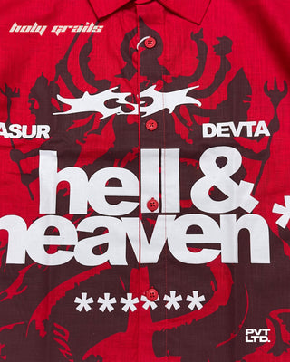 Street Style 'Asur & Devta' Red Unisex Linen Blend Relaxed Fit Printed Shirt HG x Pvt Ltd - Front Print Close Up