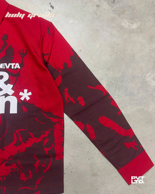 Street Style 'Asur & Devta' Red Unisex Linen Blend Relaxed Fit Printed Shirt HG x Pvt Ltd - Sleeve Close