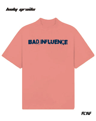 Street Style 'Bad Influence' Peach 240 GSM 100% Cotton Puff Printed Oversize Tee HG x FLYAF - Front
