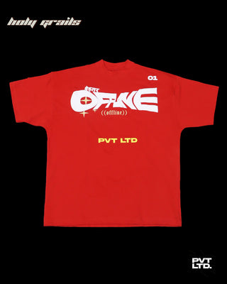 Street Style 'Behtar Offline' Red 240 GSM Cotton Graphic Printed Oversize Tee HG x Pvt Ltd - Front Digital