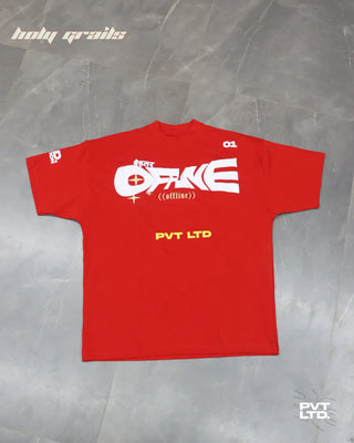 Street Style 'Behtar Offline' Red 240 GSM Cotton Graphic Printed Oversize Tee HG x Pvt Ltd - Front on Floor